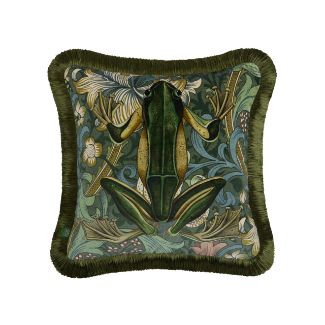 GOLDEN LILY AMPHIBIA Fringed Velvet Cushion - Euphorbia