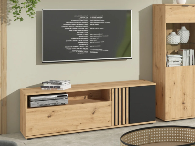 TV Cabinet Storage Living Room Media Wide Drawer Door Open Shelf Unit 135cm Unit Black and Oak with Slats – Vabres - image 1