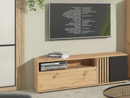 TV Cabinet Storage Living Room Media Wide Drawer Door Open Shelf Unit 135cm Unit Black and Oak with Slats – Vabres - thumbnail 3