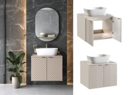 Bathroom Vanity with Sink 600mm Countertop Cabinet with Floating Wall Hung Unit Ribbed Fluted Cashmere Beige - Cara - thumbnail 2