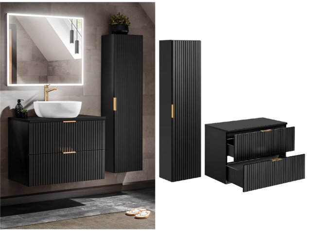 Bathroom Furniture Set 800mm Countertop Vanity Unit and Tallboy Ribbed Black Wall Floating Cabinets - Adel - image 1