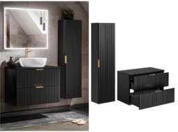Bathroom Furniture Set 800mm Countertop Vanity Unit and Tallboy Ribbed Black Wall Floating Cabinets - Adel
