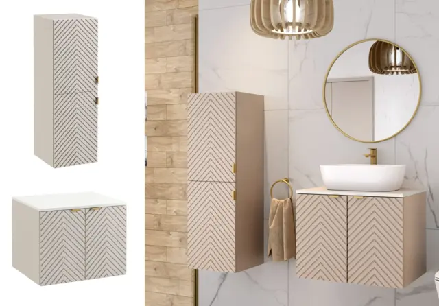 Bathroom Units Wall 600mm Vanity Cabinet and Tall Storage Tallboy Ribbed Fluted Cashmere Beige White Worktop - Cara - image 1