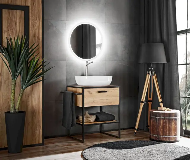 700mm Floor Standing Vanity Unit with Basin Oak Countertop Bathroom Cabinet Luxury Loft Black Metal - Brooklyn - image 1