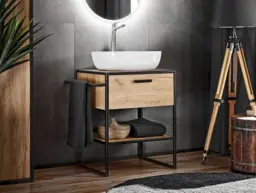 700mm Floor Standing Vanity Unit with Basin Oak Countertop Bathroom Cabinet Luxury Loft Black Metal - Brooklyn - thumbnail 2