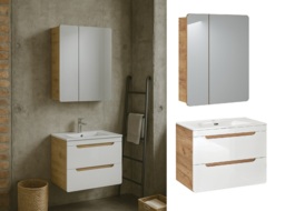 Bathroom Sink Unit with Drawers 600mm Mirror Cabinet Wall Storage White Gloss Oak Aruba - thumbnail 4