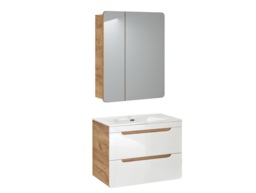 Bathroom Sink Unit with Drawers 600mm Mirror Cabinet Wall Storage White Gloss Oak Aruba - thumbnail 3