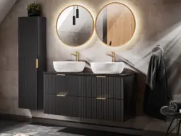 Double Vanity Unit 1200mm Countertop Bathroom Cabinet Fluted Black Wall Hung Floating Drawers White Sink Basin Adel - thumbnail 2