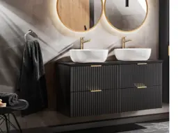 Double Vanity Unit 1200mm Countertop Bathroom Cabinet Fluted Black Wall Hung Floating Drawers White Sink Basin Adel
