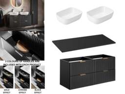 Double Vanity Unit 1200mm Countertop Bathroom Cabinet Fluted Black Wall Hung Floating Drawers White Sink Basin Adel - thumbnail 4