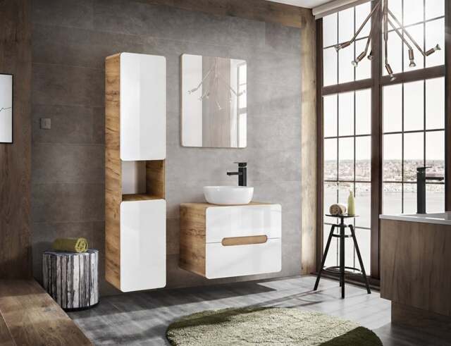Bathroom Furniture Set Tallboy with Wall Vanity 600mm Countertop Sink Unit Modern White Gloss Oak - Aruba - image 1