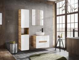 Bathroom Furniture Set Tallboy with Wall Vanity 600mm Countertop Sink Unit Modern White Gloss Oak - Aruba - thumbnail 1