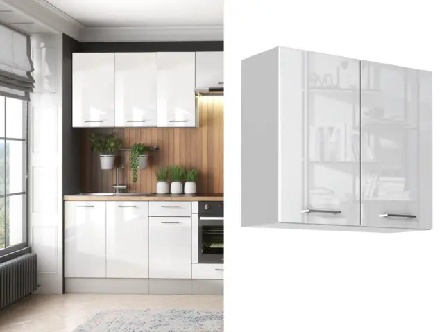 Kitchen Wall Cabinet Cupboard 800mm Unit White High Gloss Storage Slab Doors - Ella - image 1