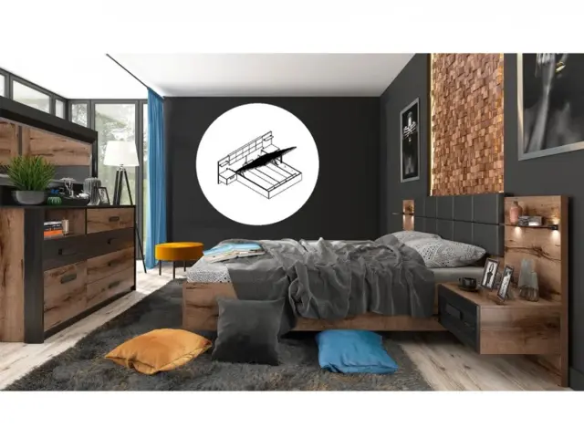 Super King Ottoman Bed Frame with Bedside Cabinets LED Lights USB Bedroom Storage Sideboard Oak and Black - Kassel - image 1