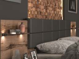 Super King Ottoman Bed Frame with Bedside Cabinets LED Lights USB Bedroom Storage Sideboard Oak and Black - Kassel - thumbnail 2