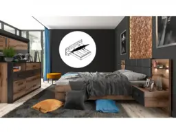 Super King Ottoman Bed Frame with Bedside Cabinets LED Lights USB Bedroom Storage Sideboard Oak and Black - Kassel - thumbnail 1