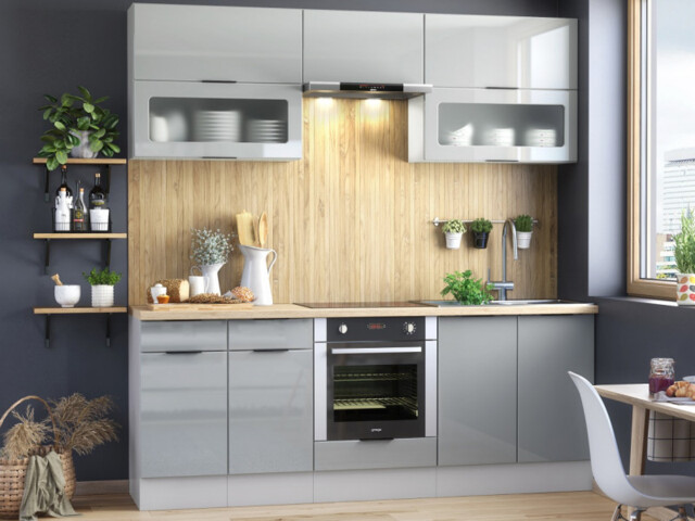 Kitchen Cabinets Set with Oven Housing 7 Unit DIY 220cm Scandinavian Style Cupboards Light Grey Gloss - Star - image 1