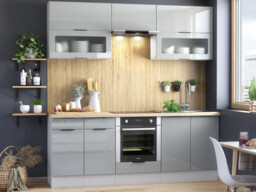 Kitchen Cabinets Set with Oven Housing 7 Unit DIY 220cm Scandinavian Style Cupboards Light Grey Gloss - Star - thumbnail 1