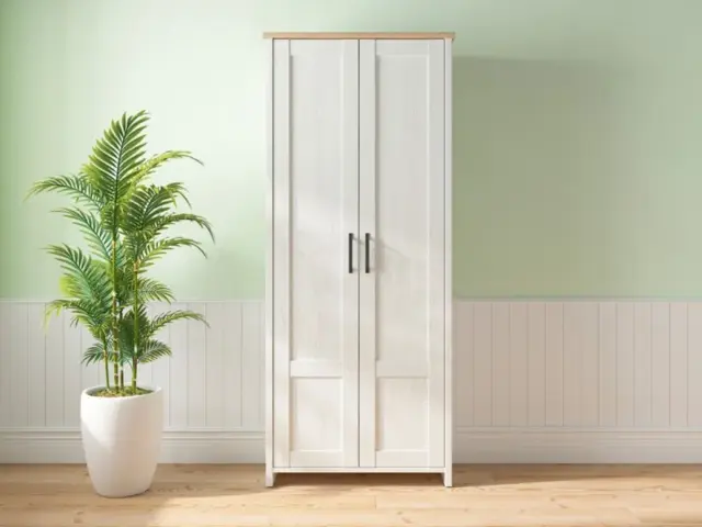 2 Door Wardrobe Shelving Cabinet Compact Slim Storage Scandi White Pine and Oak Effect - Loksa - image 1