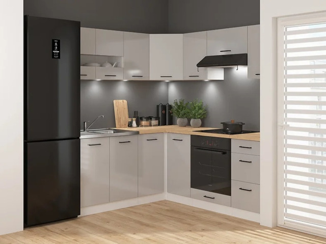 Kitchen Corner Cabinets Set 11 Units Grey Gloss Modern Freestanding Cupboards Complete DIY Fitted L Shaped - Junona - image 1