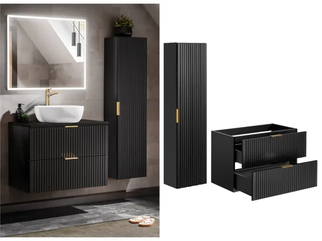Bathroom 800mm Vanity Set Ribbed Textured Black Modern Two Wall Hung Floating Cabinets - Adel - image 1