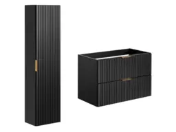Bathroom 800mm Vanity Set Ribbed Textured Black Modern Two Wall Hung Floating Cabinets - Adel - thumbnail 3