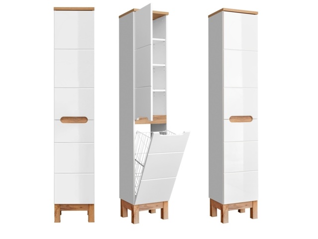 Laundry Unit Tall Slim Bathroom Storage Cabinet Two Door Freestanding Unit White Gloss and Oak - Bali - image 1
