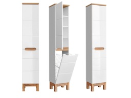 Laundry Unit Tall Slim Bathroom Storage Cabinet Two Door Freestanding Unit White Gloss and Oak - Bali