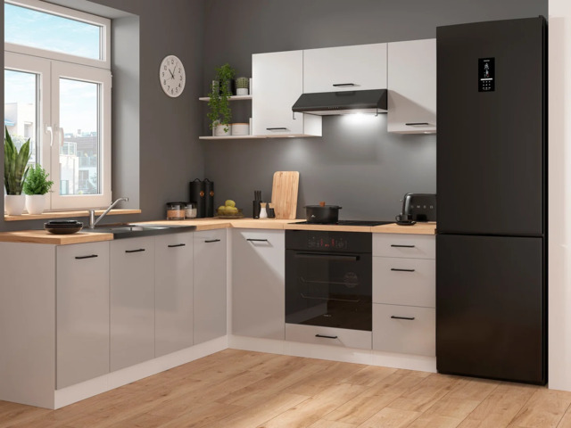 Kitchen Corner Set 9 Cabinets Units Grey Gloss Modern Freestanding Cupboards Complete DIY Fitted Kitchen - Junona - image 1