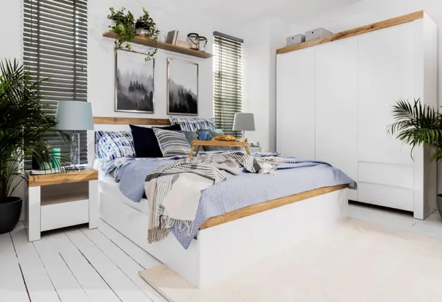 Super King Size Bed Frame White Gloss and Oak High Headboard 180cm Euro Wooden Slats Scandi - Holten - image 1