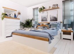 Super King Size Bed Frame White Gloss and Oak High Headboard 180cm Euro Wooden Slats Scandi - Holten - thumbnail 3