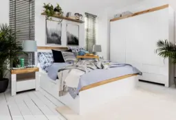 Super King Size Bed Frame White Gloss and Oak High Headboard 180cm Euro Wooden Slats Scandi - Holten - thumbnail 1