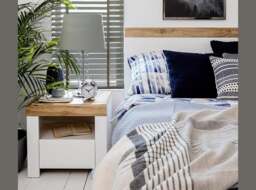 Super King Size Bed Frame White Gloss and Oak High Headboard 180cm Euro Wooden Slats Scandi - Holten - thumbnail 2