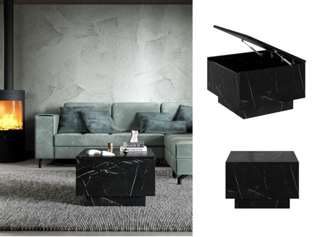 Marble Coffee Table with Storage Black Marble Effect Lift Up Square Top Small Side Table - Moon - image 1
