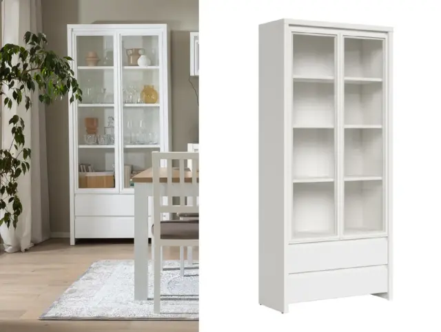 White Display Cabinet Glass Doors Modern Wide Tall Buffet 2 Handleless Drawers Scandi Living Room Cabinet - Kaspian - image 1