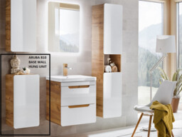 Wall Hung Bathroom Cabinet Modern White Gloss and Oak Storage 1 Door Unit - Aruba - thumbnail 2