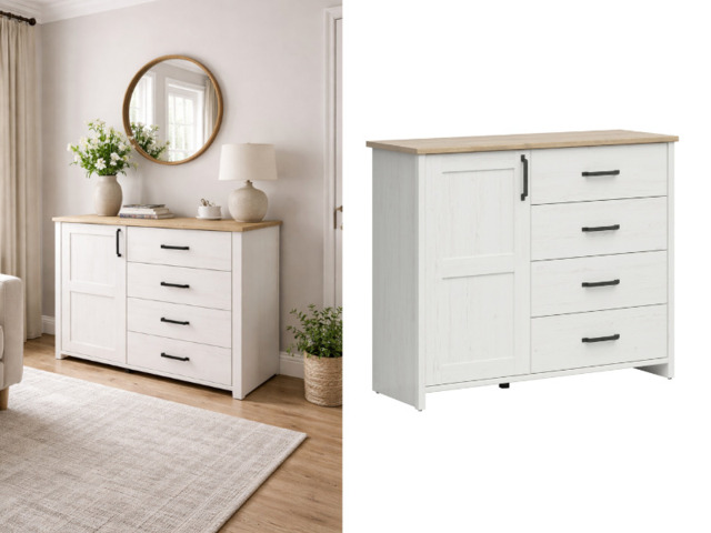 Sideboard Cabinet Small Storage Unit with Drawers Scandi 120 cm White Washed Pine and Oak Effect - Loksa - image 1