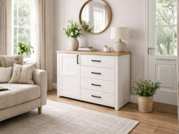 Sideboard Cabinet Small Storage Unit with Drawers Scandi 120 cm White Washed Pine and Oak Effect - Loksa - thumbnail 2