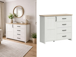 Sideboard Cabinet Small Storage Unit with Drawers Scandi 120 cm White Washed Pine and Oak Effect - Loksa - thumbnail 1