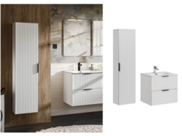 Bathroom Furniture Set 600mm Vanity Unit with Tall Cabinet Tallboy White Ribbed Modern Wall Floating - Adel - thumbnail 1