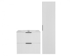 Bathroom Furniture Set 600mm Vanity Unit with Tall Cabinet Tallboy White Ribbed Modern Wall Floating - Adel - thumbnail 3