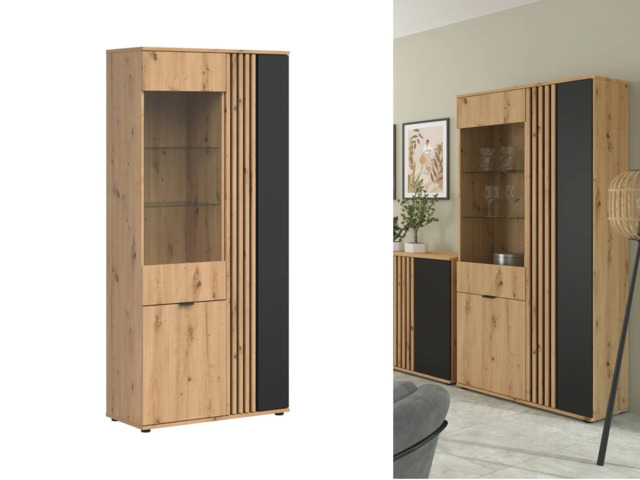 Tall Glass Display Cabinet Living Room Storage Compact Shelf Unit Ribbed Black and Oak with Slats – Vabres - image 1