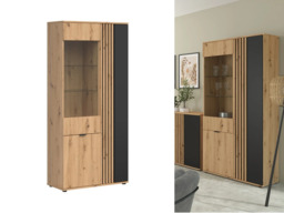 Tall Glass Display Cabinet Living Room Storage Compact Shelf Unit Ribbed Black and Oak with Slats – Vabres - thumbnail 1