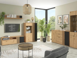 Tall Glass Display Cabinet Living Room Storage Compact Shelf Unit Ribbed Black and Oak with Slats – Vabres - thumbnail 3