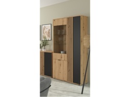 Tall Glass Display Cabinet Living Room Storage Compact Shelf Unit Ribbed Black and Oak with Slats – Vabres - thumbnail 4