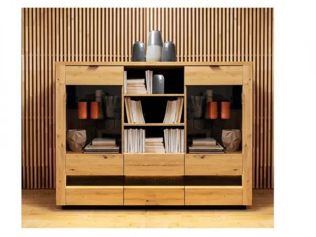 Glass Display Sideboard Cabinet 2 Doors 2 Drawers Artisan Oak / Burnt Board Effect Storage Unit with LEDs - Ostia - image 1