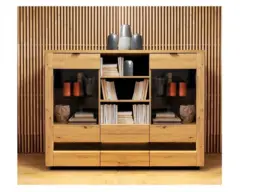 Glass Display Sideboard Cabinet 2 Doors 2 Drawers Artisan Oak / Burnt Board Effect Storage Unit with LEDs - Ostia - thumbnail 1