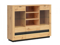 Glass Display Sideboard Cabinet 2 Doors 2 Drawers Artisan Oak / Burnt Board Effect Storage Unit with LEDs - Ostia - thumbnail 4