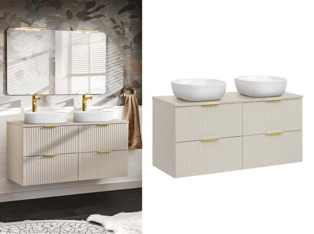 Double Vanity Unit with Basin Fluted Beige Floating Wall Hung Bathroom Sink Cabinet 1200mm Countertop - Adel - image 1