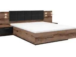 Super King Size Bed Frame with Headboard Built in Bedside Cabinets USB LED Lights Dark Oak and Black - Kassel